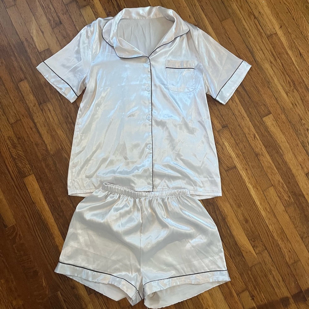 White Linen Pj Button Up Top and Shorts Set